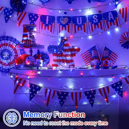 QITONG Red White and Blue Solar String Lights, 2 Pack Each 66ft 200 LED 4th of July Lights Outdoor Waterproof, 8 Modes Green Wire Patriotic Led Lights for Independence Memorial Day Decor