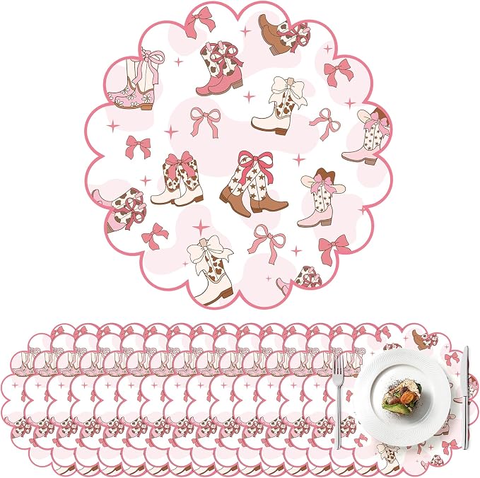 100 Pcs Cowgirl Party Paper Placemats 13.5 Inch Scalloped Pink Bow Paper Placemat Disposable Coquette Decorative Table Mat for Western Themed Birthday Bachelor Baby Shower Wedding Decoration