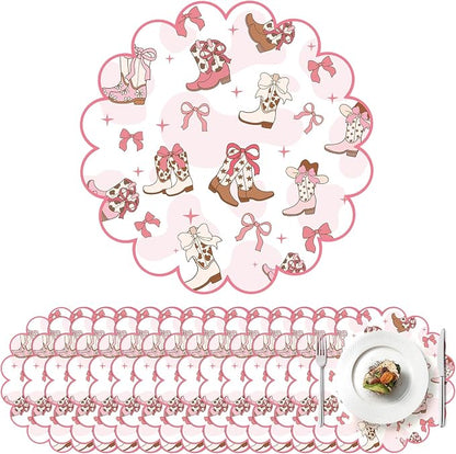 100 Pcs Cowgirl Party Paper Placemats 13.5 Inch Scalloped Pink Bow Paper Placemat Disposable Coquette Decorative Table Mat for Western Themed Birthday Bachelor Baby Shower Wedding Decoration