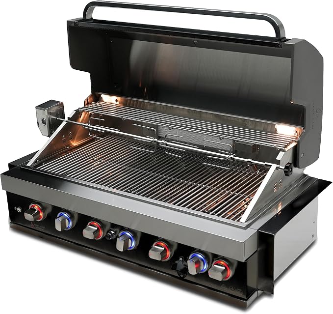 Mont Alpi Premium Black Stainless Steel Outdoor Kitchen Island 44"W 6-Burner Built-in BBQ Grill Head Set with Compact Glass Door Refrigerator + Charcoal Tray and Dual Sided Griddle Plate Combo Bundle