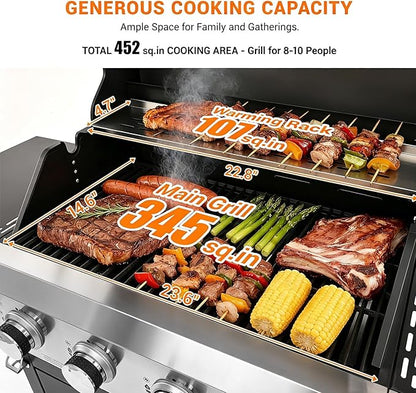 EUHOME 51,000 BTU 4-Burner Propane Gas Grill with Side Burner – Large 452 sq.in Stainless Steel BBQ Grill, Enameled Cast Iron Grates, 4 Swivel Casters & Protective Cover for Backyard Patio Family