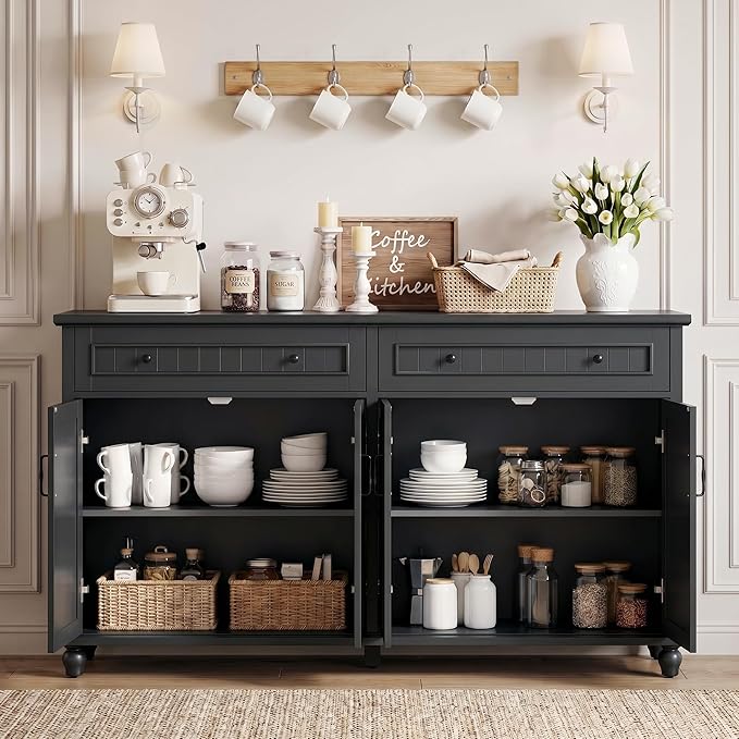 Scurrty Sideboard Buffet Cabinet, 62'' Large Storage Cabinet with Drawers and 4 Doors, Vintage Coffee Bar Cabinets with Adjustable Shelf for Kitchen, Living Room, Black