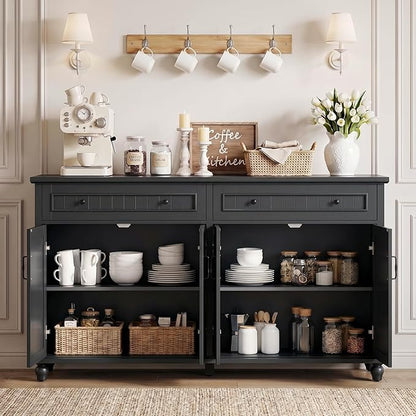 Scurrty Sideboard Buffet Cabinet, 62'' Large Storage Cabinet with Drawers and 4 Doors, Vintage Coffee Bar Cabinets with Adjustable Shelf for Kitchen, Living Room, Black