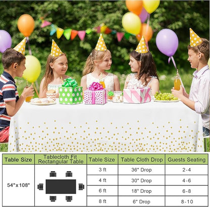 Smiry Disposable Table Cloth - 6 Pack, 54 x 108 Inch Waterproof Rectangle Tablecloths for New Years, Decorative Plastic Table Cover, Leakproof & Sturdy, White & Gold