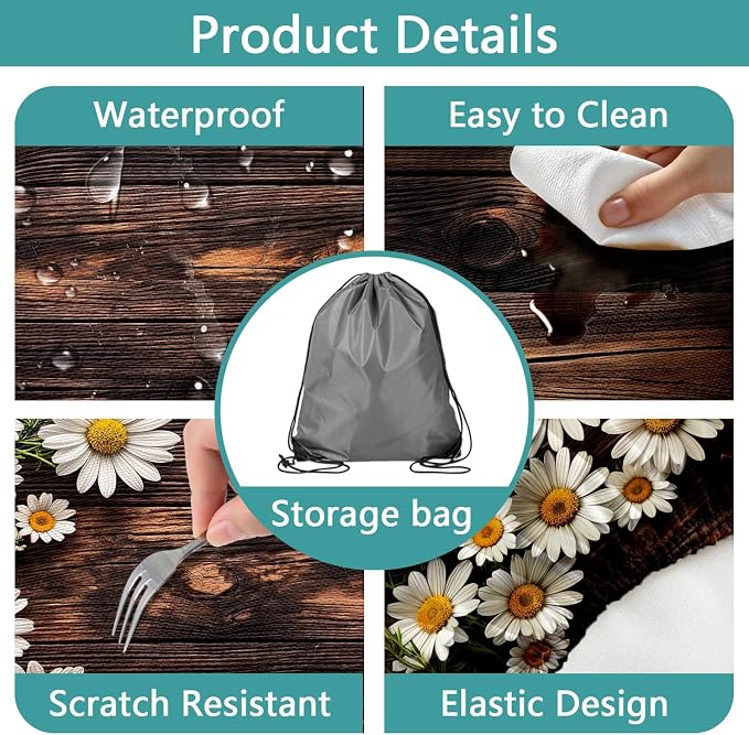Picnic Table Cover with Bench Covers Elastic Edges, Wooden Board Daisy Fitted Table Cover, Outdoor Patio Camping Essentials 3PCS, Waterproof Camping Fitted Tablecloth with Drawstring Bag 96in