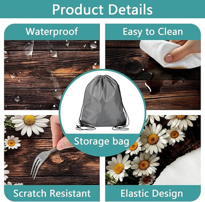 Picnic Table Cover with Bench Covers Elastic Edges, Wooden Board Daisy Fitted Table Cover, Outdoor Patio Camping Essentials 3PCS, Waterproof Camping Fitted Tablecloth with Drawstring Bag 96in