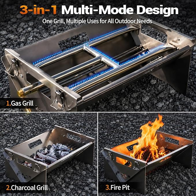 Portable Gas Grill,360° Rotating Charcoal Grill,Stainless Steel Flipping Camping Barbecue Grill with Carry Bag,Detachable BBQ Grill & Fire Pit for Outdoor Cooking,Camping,Tailgating, Patio & Backyard