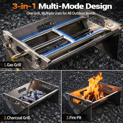 Portable Gas Grill,360° Rotating Charcoal Grill,Stainless Steel Flipping Camping Barbecue Grill with Carry Bag,Detachable BBQ Grill & Fire Pit for Outdoor Cooking,Camping,Tailgating, Patio & Backyard