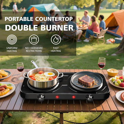 Electric Hot Plate, 2200W Countertop Burner, Cast Iron 2 Burners, Portable Electric Burner Stove, Portable Double Burners for Cooking,Easy to Clean, Black