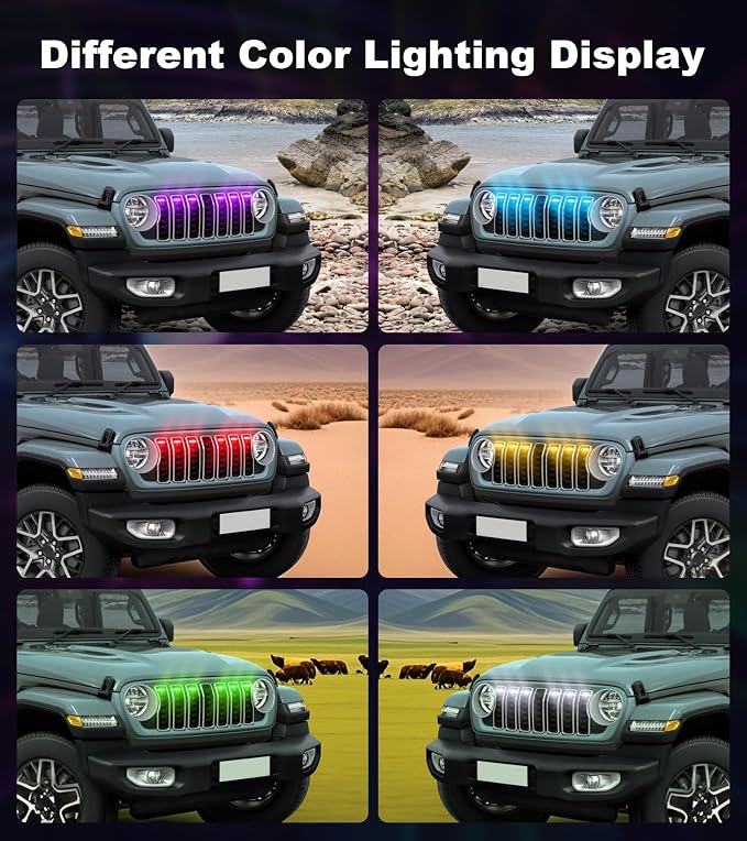 LED Grill Lights for Jeep Wrangler JL JLU Accessories 2024-2026, RGB | Direct-Snap Front Grille LED Accent Marker Lights, IP68 Waterproof, Enhanced Night Visibility, Raptor-Style Exterior Lighting