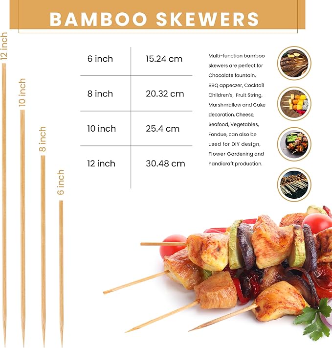 DecorRack 12" Natural Bamboo Skewers Sticks, 400 Wood Skewers for BBQ, Grilling, Kabob, Appetizers, Fruits, Smores, Cocktail, Brunch, Fondue Sticks, Barbeque, DIY Crafting, 12 inch (400 pack)