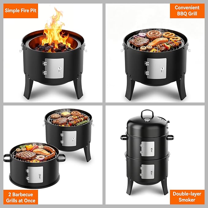 KEYO GRILL 18 Inch Vertical Charcoal Smoker, 3-in-1 Heavy Duty Outdoor BBQ Grill with Thermometer, Portable Camping Barbecue Grill for Garden Patio Beach Backyard