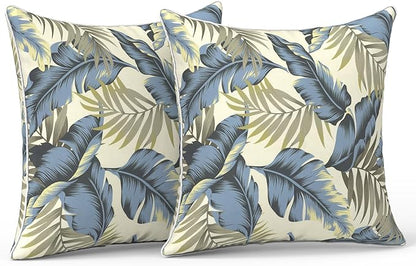 LVTXIII Outdoor Throw Pillow Covers Set of 2, Patio Waterproof Pillow Cases Fade Resistant Accent Pillow Covers for Home and Garden Furniture Decoration, 18"x18",‌ Lush Palm Blue