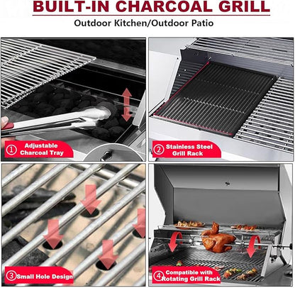 Built In Charcoal Grills Outdoor Kitchens,28-Inch Stainless Steel Charcoal bbq Grill Built In with Liftable Charcoal Tray,Insulated Hood, Temperature Gauge and Rain Fabric cover (Round Lid)