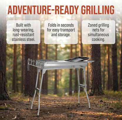 Portable Stainless Steel Charcoal Grill, Small BBQ Grill for Outdoor Cooking, Camping, Backyard and Picnic, Durable and Easy to Clean, Silver