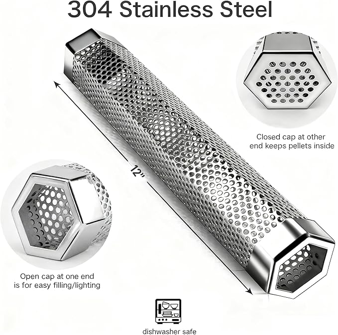 Smoke Tube for Pellet Smoker, 12" Stainless Steel Smoker Generator for Hot or Cold Smoking 5 Hours of Billowing Smoke
