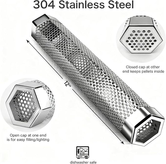 Smoke Tube for Pellet Smoker, 12" Stainless Steel Smoker Generator for Hot or Cold Smoking 5 Hours of Billowing Smoke