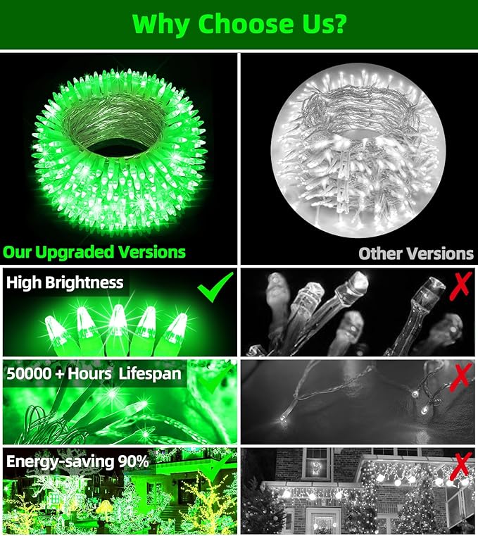 QUHUATU 300LED Chrstmas Lights, 75ft Indoor Outdoor Christmas String Lights with 12 Modes, Green Christmastree Lights with Timer Dimmable Connectable for Fence Garden Xmas Wedding Party Decor Green
