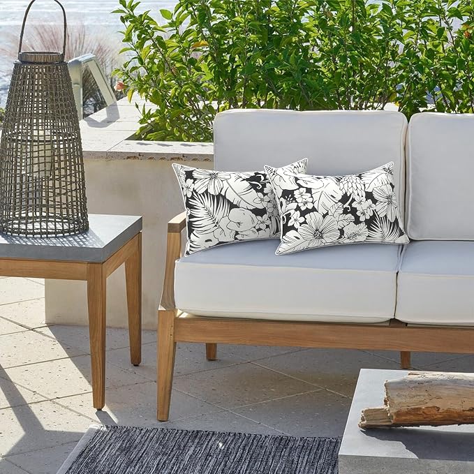 LVTXIII 2 Pack Outdoor Lumbar Pillow Covers 12x20 Inch with Piping, Water-Repellent Back Cushion Covers ONLY for Patio Furniture, Sofa, Garden Bench, Noir Floral