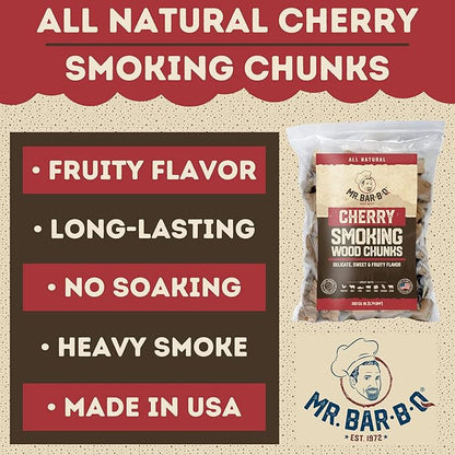 3.5 Lb. Cherry Wood Chunks by Mr. Bar-B-Q, Sweet & Fruity Flavor for Smoking, Grilling & Backyard BBQ, Cherry Wood Chunks for Smokers, Alternative for Charcoal Briquettes, Works with Smoker, Gas Grill