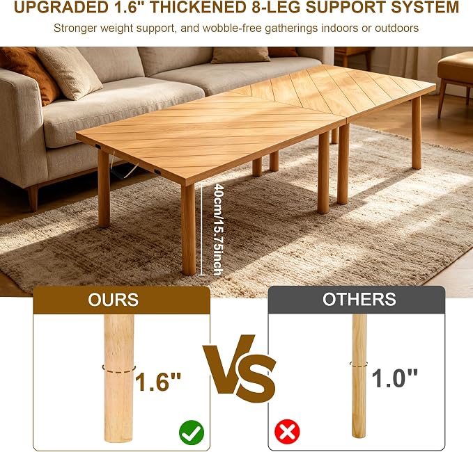 Folding Picnic Table for Indoor Outdoor, Portable Boho Low Picnic Table with Table Runner, 60" x 30" Wooden Table for Camping, Wedding, Beach, Garden, Party, Seats 6-8 People