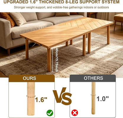 Folding Picnic Table for Indoor Outdoor, Portable Boho Low Picnic Table with Table Runner, 60" x 30" Wooden Table for Camping, Wedding, Beach, Garden, Party, Seats 6-8 People