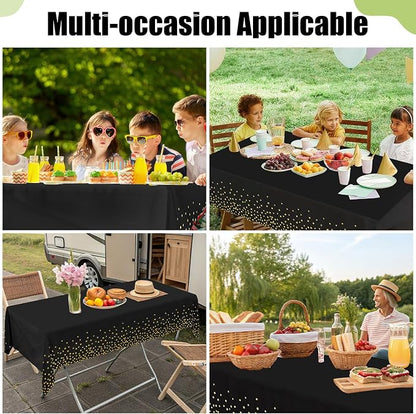 Smiry Disposable Table Cloth - 15 Pack, 54 x 108 Inch Waterproof Rectangle Tablecloths for Parties, Decorative Plastic Table Cover, Leakproof & Sturdy, Black & Gold