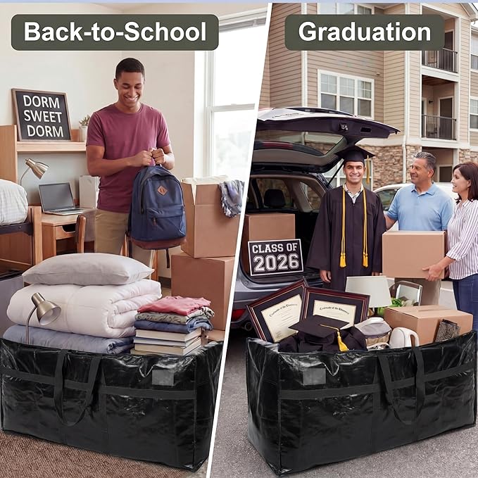 4 Pcs 66 Gallon Extra Large Moving Bags Heavy Duty Storage Bag with Strong Zipper Handle Foldable XXL Jumbo Storage Tote Packing Moving Box for College Dorm Travel Cloth Duffle (Black)