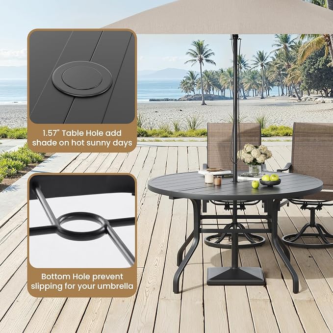 Round Outdoor Patio Dining Table, 47" Round Patio Table with 1.57" Umbrella Hole, Metal Outdoor Dining Tables for Patio, Graden, Backyard and Poolside