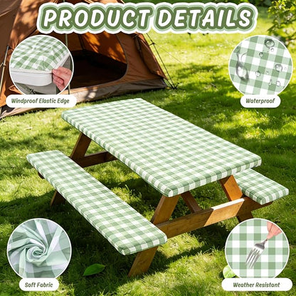 AnyDesign Sage Green Plaid Picnic Table Cover with Bench Cover Green Gingham Waterproof Elastic Fitted Camping Tablecloth for 6Ft Rectangle Table Outdoor Decor