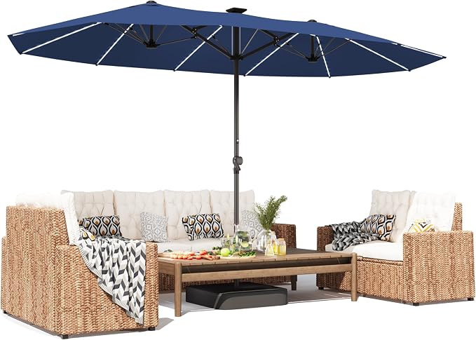GDPFN 15ft Large Patio Umbrella with Solar Lights, Outdoor Double-Side Rectangular Umbrella with Base Included, Backyard Pool Umbrella with LED Light for Deck, Outside, Market, Navy