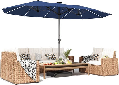 GDPFN 15ft Large Patio Umbrella with Solar Lights, Outdoor Double-Side Rectangular Umbrella with Base Included, Backyard Pool Umbrella with LED Light for Deck, Outside, Market, Navy