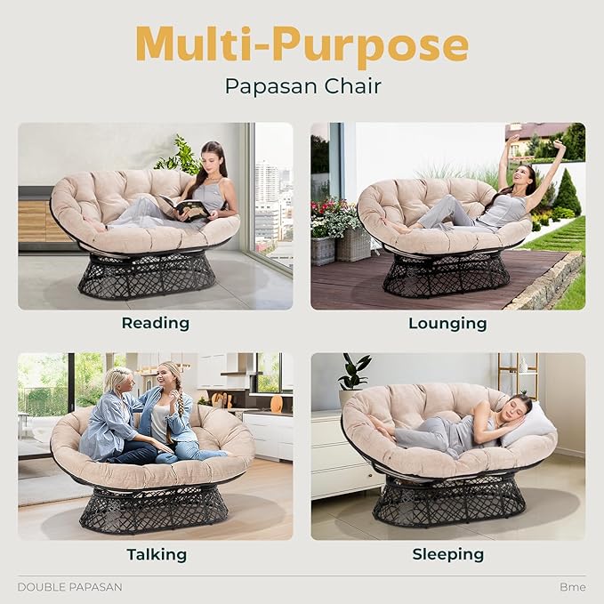 Bme Double Papasan Chair, 600lbs Capacity, Ergonomic Design, Soft Thick Cushion, Bee-Designed Frame, Durable Steel, 61", Beige - Black Base