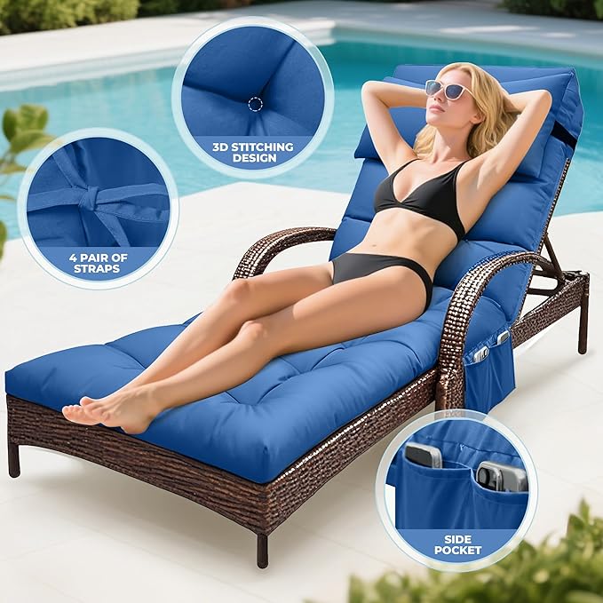 Outdoor Chaise Lounge Cushion, Waterproof Lounge Chair Cushion for Outdoor Furniture, 71 x 21 x 4 Inches Patio Cushion with Straps for Lawn Pool Furniture (Royal Blue, Lounge Chair Cushion)