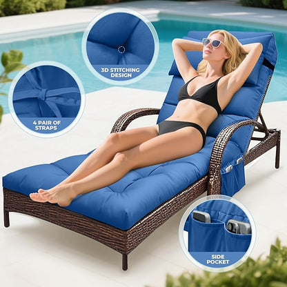 Outdoor Chaise Lounge Cushion, Waterproof Lounge Chair Cushion for Outdoor Furniture, 71 x 21 x 4 Inches Patio Cushion with Straps for Lawn Pool Furniture (Royal Blue, Lounge Chair Cushion)