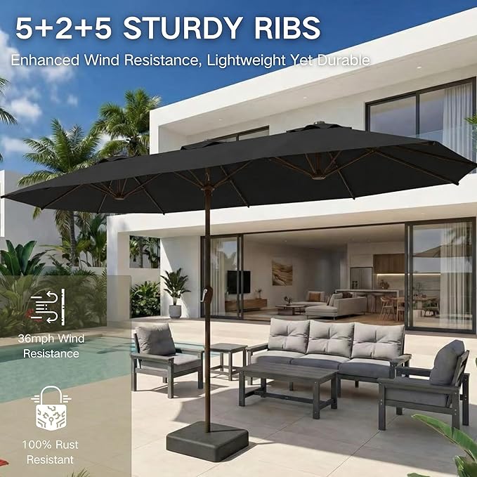 Kingdura 15ft Large Patio Umbrella with Base Included, Double-Sided Rectangle Outdoor Table Umbrella with 12 Reinforced Ribs, Crank Lift for Market Pool Deck Backyard, Black