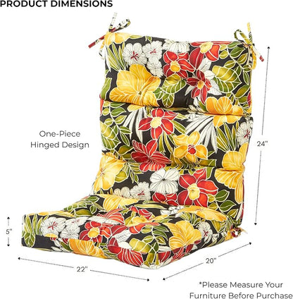 Outdoor Tufted High-Back Chair Cushions, One-Piece Hinged Seat and Back Design, Reversible with 4 Ties, Durable Polyester Fabric, Recycled Fiber Fill - Single, Aloha Black Floral