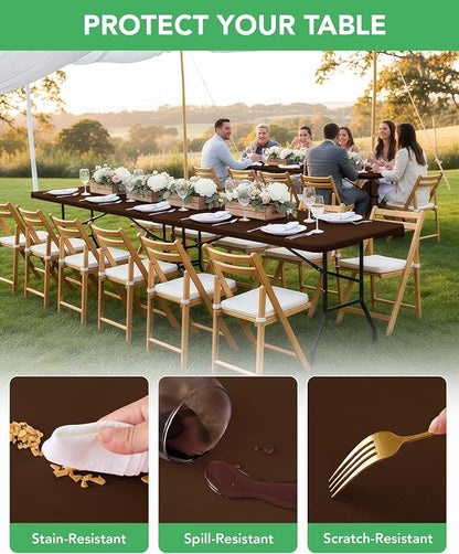 Fitted Tablecloth Rectangle Table Cloths with Elastic, 6 ft, Brown, 6 Pack | For Outdoor Picnic Camping Party 6 foot Folding Spandex Table Covers, Water-Resistant, Windproof, Reusable, 72"L x 30"W