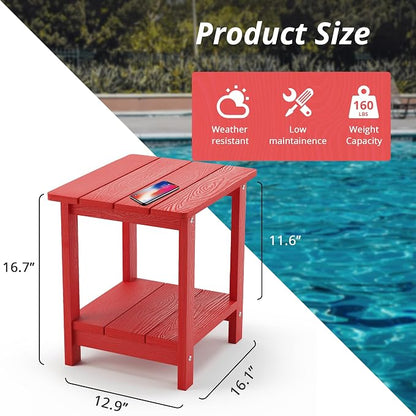 LUE BONA Outdoor Side Table, 2-Tier HDPS Small Patio Table, Bright Red | 2-Tier Shelf for Extra Storage, Small End Table for Pool, Porch, Balcony, Weather Resistant HDPS, Easy Clean