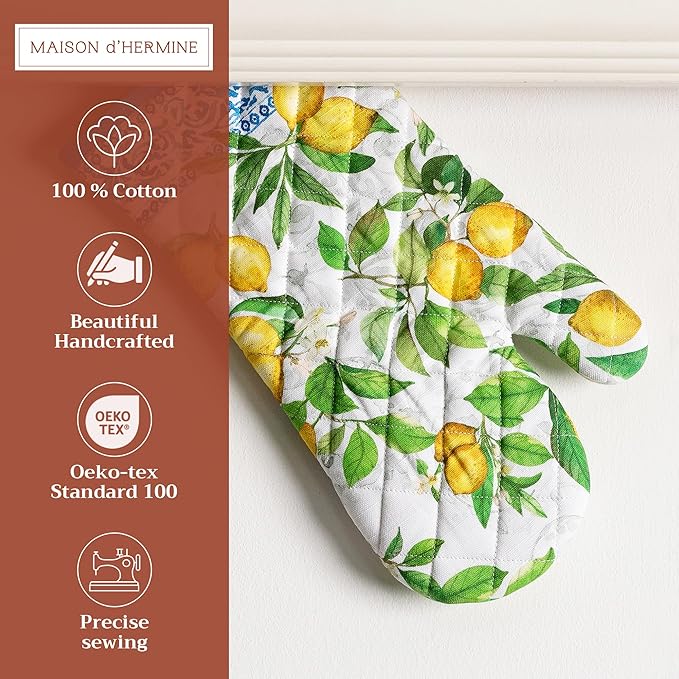 Maison d'Hermine Oven Gloves 100% Cotton Oven Mitt 7" x 13" with Loop Heat Resistant BBQ Cooking Gloves Baking Grilling Kitchen Hotel Home Farmhouse Spring Summer (Pack of 1, Cedrat)