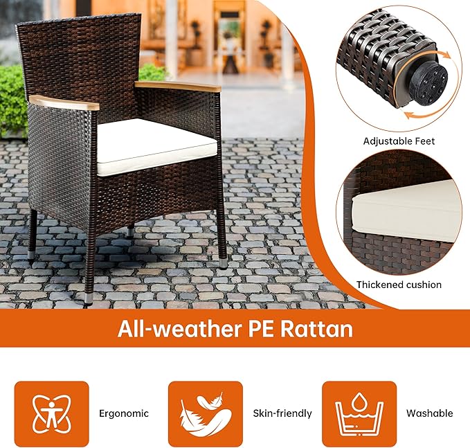 Shintenchi 5 PCS Patio Dining Set, Wicker Outdoor Table and Chairs with Soft Cushions, Patio Furniture Set with Wood Table Top for Backyard, Deck and Garden, Brown Wicker