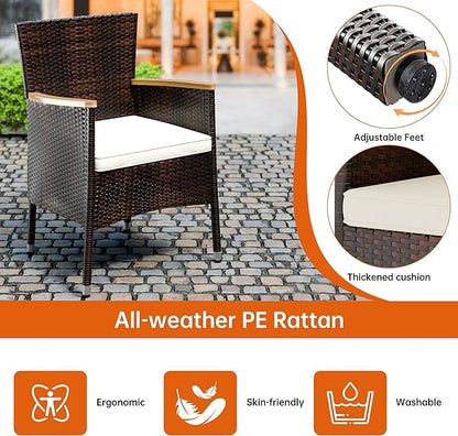 Shintenchi 5 PCS Patio Dining Set, Wicker Outdoor Table and Chairs with Soft Cushions, Patio Furniture Set with Wood Table Top for Backyard, Deck and Garden, Brown Wicker