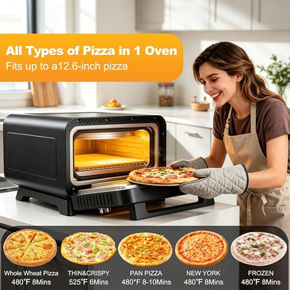 DUMOS Pizza Oven Indoor, 1600W Electric Pizza Maker Fast Heating, 4 Modes for 12 Inches Pizzas, with Stone & Spatula, Upper-Bottom Independent Heating Temperature Control