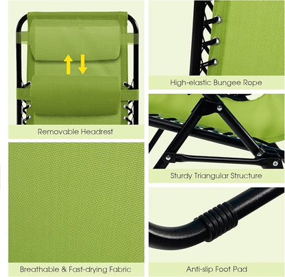 Goplus Zero Gravity Lounge Chairs, 160°Adjustable Folding Recliner w/Pillow and Cup Holder, 350LBS Comfy Outdoor Lounge Chairs for Patio, Lawn, Yard & Camp(1, Green)