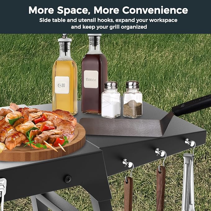 Foldable and Portable Stand for Blackstone 17" & 22" Griddles | Heavy-Duty Outdoor Grill Table with Adjustable Legs, Side Shelf, Utensil Hooks, BBQ Stand for Camping, Tailgating, Backyard