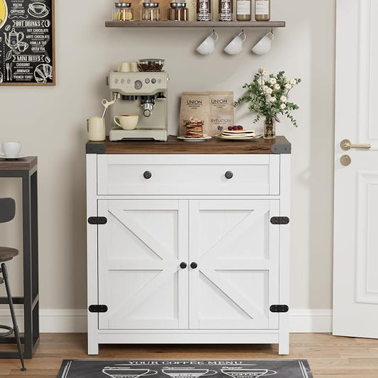YESHOMY Coffee Bar and Accent Cabinet, Farmhouse Barn Door Buffet Sideboard with Drawer and Adjustable Shelf, Wide Desktop for Kitchen, Dining Room, Bathroom, Entryway, Rustic Brown White