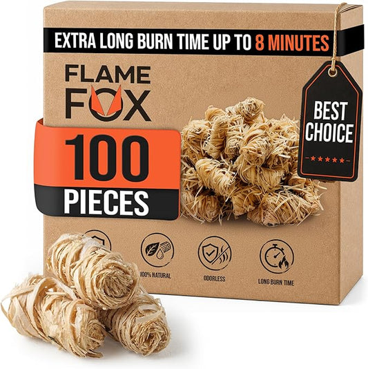 FlameFox Fire Starters 100 pcs – Natural Wood Wool Tumbleweed Fire Starter – Odorless Long Burning and Eco Friendly Firestarters – for Fireplace, Campfire, Grill, BBQ, Charcoal, Wood Stove & Fire Pit