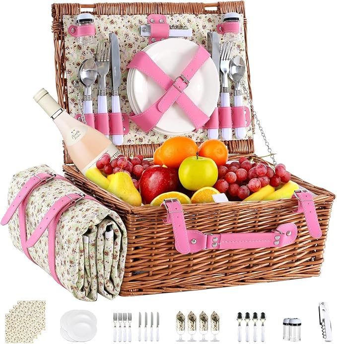 Wicker Picnic Basket Set for 4, Blanket, Cooler Bag, Pink Floral | Four-Person Wicker Set Includes Tableware, Insulated Food Storage and Waterproof Blanket for Parks, Camping, Dates and Gifts