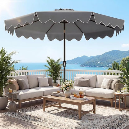 Tangkula 9 FT Patio Umbrella with Base Included, 2-Tiers Outdoor Scalloped Table Umbrella with 2 Sandbags, Tilt Adjustment, Crank, 8 Ribs for Market Backyard Pool Deck Beach Lawn
