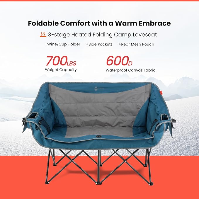 ARROWHEAD OUTDOOR 57 in Wide Duo Foldable Heated Camping Loveseat Chair | 57 in, 3-Stage Heating, Large Cup Holders, Glass Holders, Side Pockets, and Storage Pouches, and Grey, Beach, Tailgating